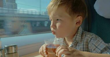 bambino prendendo il tè e guardando fuori dalla finestra in treno in movimento video