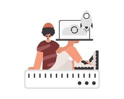 A man sitting on top of a computer with a rocket on it vector