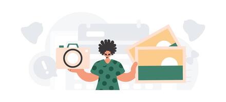 A woman holding a camera and a book vector