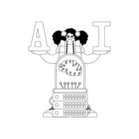 Girl and AI server in linear style, illustrating the artificial intelligence theme vector