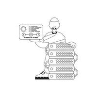 hombre, nube almacenamiento servidor y Internet de cosas en un vector lineal estilo