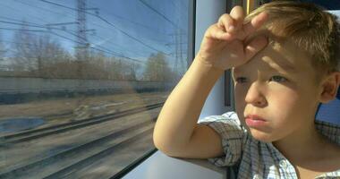 weinig jongen op zoek uit trein venster Aan zonnig dag video