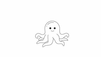 Smiling octopi with curly tentacles bw 2D character animation. Underwater sea creature outline cartoon 4K video, alpha channel. Floating in water animated animal isolated on white background video