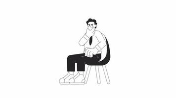 Middle eastern man rubbing chin bw 2D character animation. Thinking outline cartoon 4K video, alpha channel. Brainstorming male worker sitting on chair animated person isolated on white background video