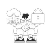 Man gripping an IoT cloud storage badge, depicted with a linear vector illustration
