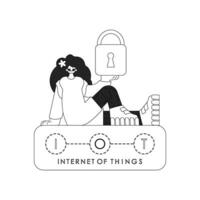 A woman is represented in a linear style, safeguarding data with a door lock for the Internet of Things vector