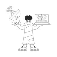 Woman using laptop and antenna to interact IoT info, in a linear format vector