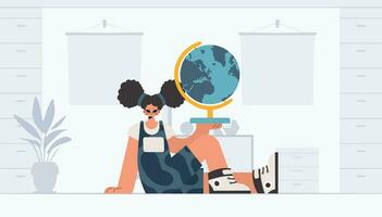 Energized lady holding a colossal globe, learning subject. Trendy style, Vector Illustration