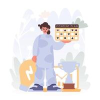 A woman in a lab coat holding a calendar vector