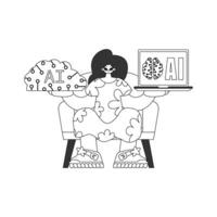 A woman sitting on a chair with a laptop and a brain vector