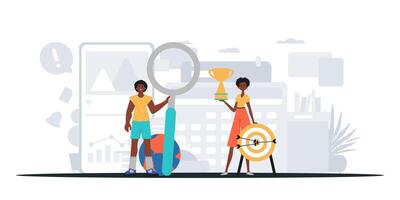 Two people holding a magnifying glass and a target vector