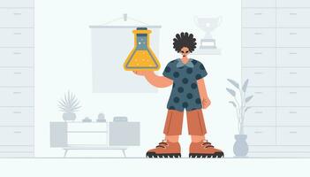 Person holding chemical carafe, learning subject. Trendy style, Vector Illustration