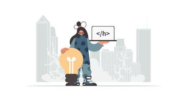 A man holding a laptop with the word html vector