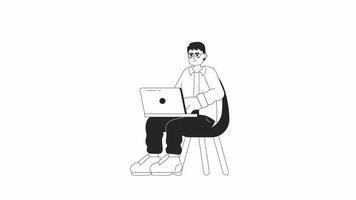 Eyeglasses man sitting in chair with laptop bw 2D character animation. Outline cartoon 4K video, alpha channel. Asian male freelancer typing notebook animated person isolated on white background video