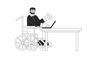 Bearded wheelchair man on laptop bw 2D character animation. Employment disability outline cartoon 4K video, alpha channel. Disabled guy working notebook animated person isolated on white background video