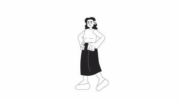 Latina Frau mit Behinderung Hören Hilfe bw 2d Charakter Animation. taub Erwachsene weiblich posieren Gliederung Karikatur 4k Video, Alpha Kanal. Hören beeinträchtigte Mädchen animiert Person isoliert auf Weiß Hintergrund video