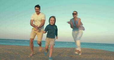 feliz família do três jogando em a de praia video