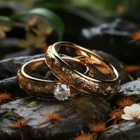 A pair of gold rings, romantic celebration design background at wedding, love. Ai generative concept photo