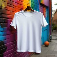Plain t-shirt with colorful wall background concept for mockup, marketing, decoration, shop, advertising materials, social media. Generative Ai Images photo