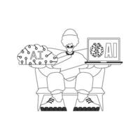 A man sitting on a couch with a laptop and a brain vector