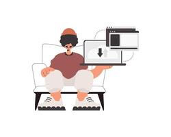 The person is holding a tablet in which information is being synchronized. Compelled. Trendy style, Vector Illustration