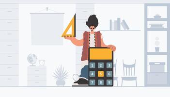 The person is holding a ruler and a calculator, learning subject. Trendy style, Vector Illustration