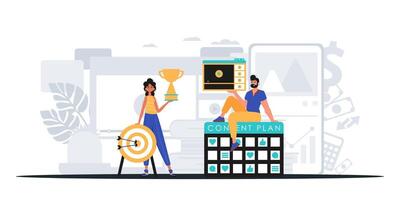 Two people are sitting on a desk with a calendar and a cup vector