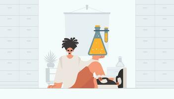 Individual holding chemical carafe, learning subject. Trendy style, Vector Illustration