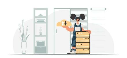 Synchronization and security of data capacity concept. The energized woman is holding a data cloud and a server. Trendy style, Vector Illustration