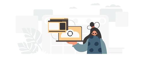 A woman holding a laptop with a cloud icon on it vector