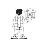 A man grasping the icon for the internet of things, drawn in a linear style vector