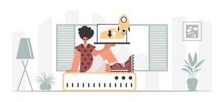 A woman sitting on top of a computer with a rocket on it vector