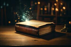 Old Book With Magic Lights On Vintage Table. AI generated photo