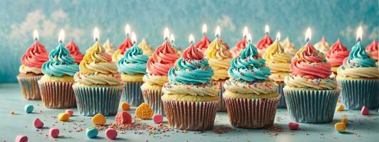 Colorful happy birthday cupcakes. AI generated photo