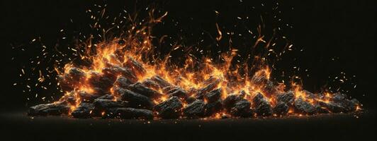 Detail of fire sparks isolated on black background. AI generated photo