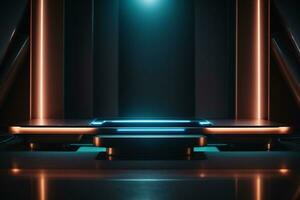 Futuristic dark podium with light and reflection background. AI generated photo