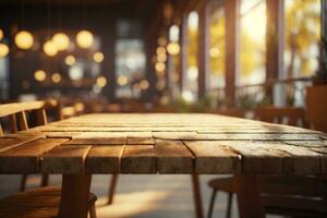 Empty old wood table top and blurred bokeh cafe and coffee shop interior background with vintage filter - can used for display or montage your products.. AI generated photo