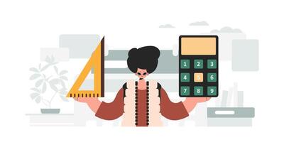 The individual is holding a ruler and a calculator, learning subject. Trendy style, Vector Illustration