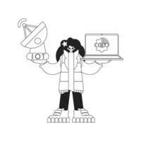 A woman using an antenna and laptop for Internet of Things data, in a linear way vector
