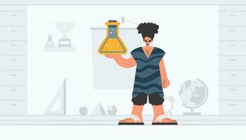 Person holding chemical carafe, learning subject. Trendy style, Vector Illustration