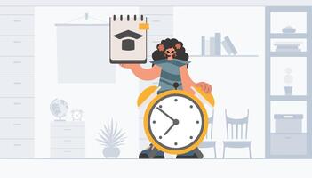 A cartoon man holding a clock and a paper with a house on it vector