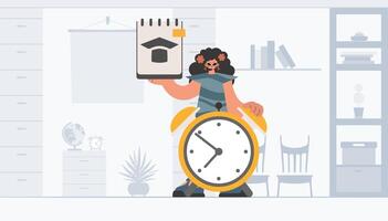 Energized lady with one of a kind and caution clock, learning subject. Trendy style, Vector Illustration