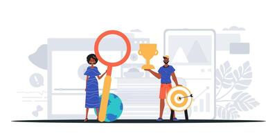Two people holding a magnifying glass and a cup vector