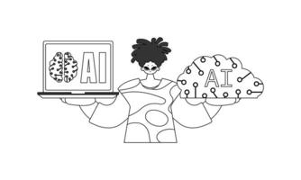 A black and white illustration of a woman holding a laptop and a brain vector