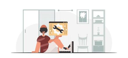 A woman is sitting on the floor holding a laptop vector