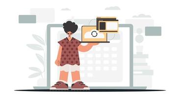 A woman holding a laptop and a computer vector