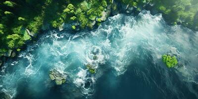 Generative AI, green beautiful amazonian jungle landscape with trees and river, drone view photo