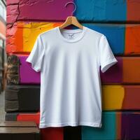 Plain t-shirt with colorful wall background concept for mockup, marketing, decoration, shop, advertising materials, social media. Generative Ai Images photo