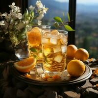 Lemon squeezed lifestyle healthy and diet drink on table, refreshing drink improves mood and prevents free radicals. Great for websites, businesses, social media etc. Ai generative image photo