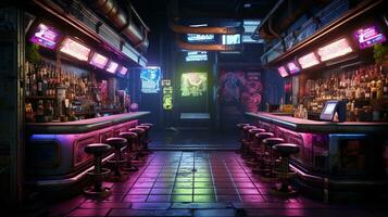 Generative AI, Cyberpunk style bar or cafe. Night scene of big city, futuristic nostalgic 80s, 90s. Neon lights vibrant colors, photorealistic horizontal illustration. photo